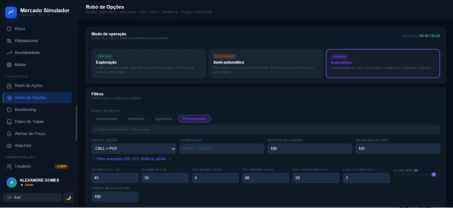 Robô de Opções — modos de operação e filtros avançados